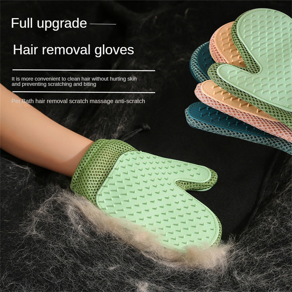Person wearing pet grooming glove on hand